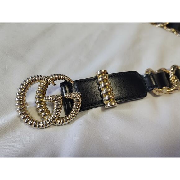 Rare Gucci Calfskin Torchon Double G Chain Black Leather Belt Sz 85 / US 6 - Picture 2 of 8